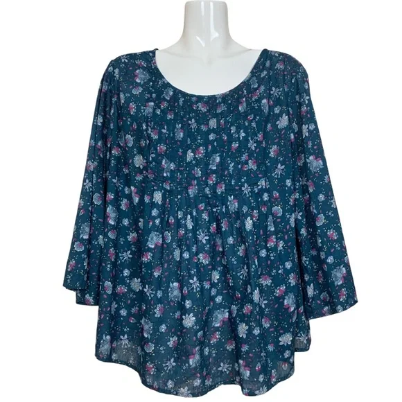 J. Jill Pintuck Floral Flare Sleeve Cotton Top Blouse XL - Picture 4 of 11